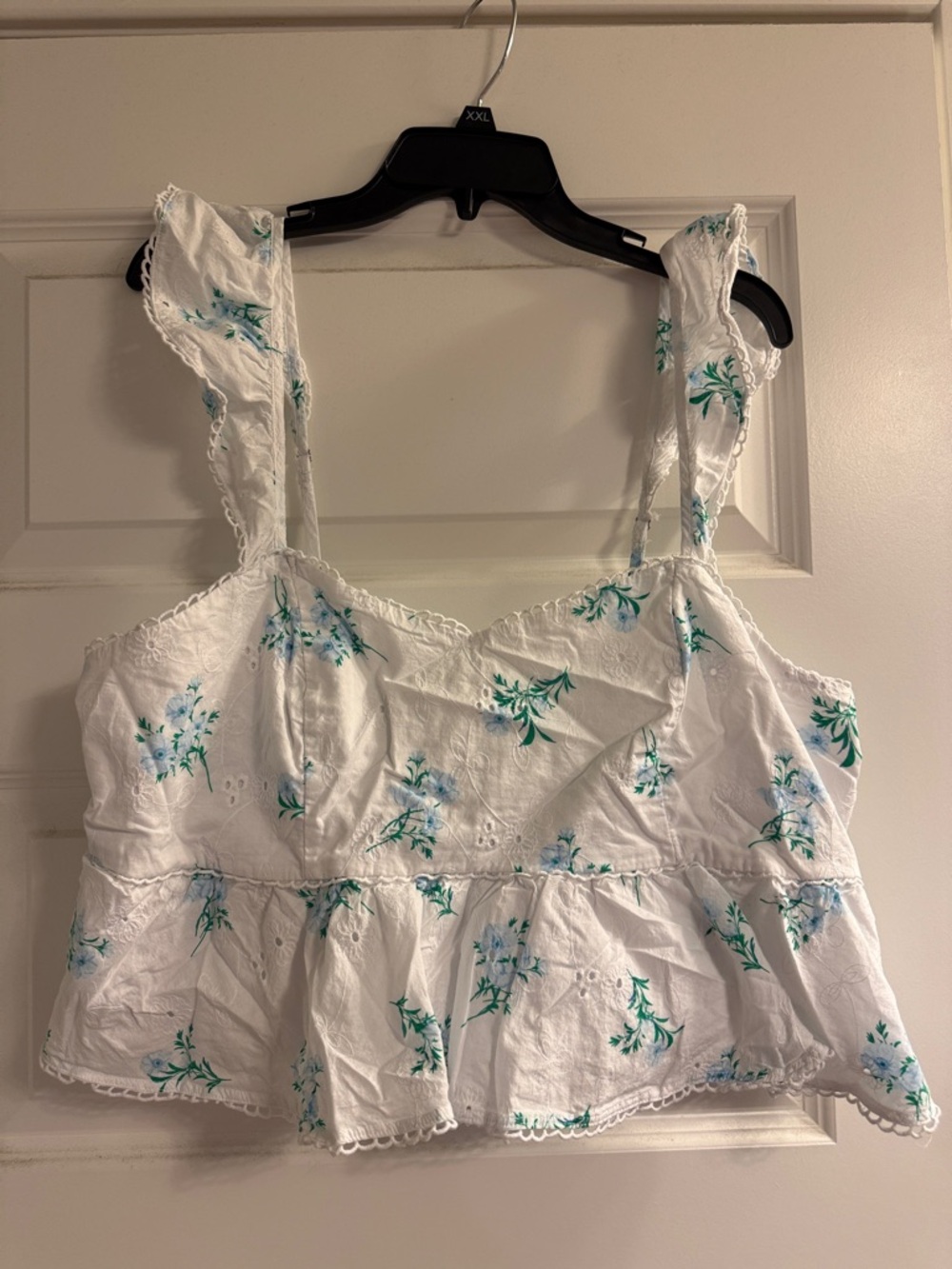 ARULA White Floral Ruffle Crop Top with Teal Accents